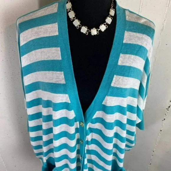 Michael Michael Kors S‎ oversized teal/white color block stripe dolman cardigan - Picture 5 of 8